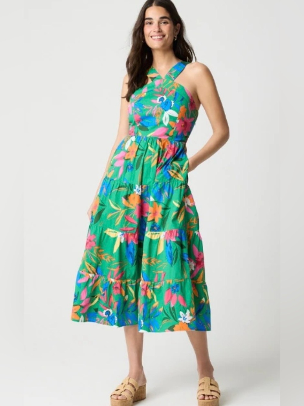 J Crew Printed Tiered Halter Midi Dress